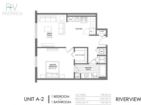 Floor plan for 1 bed, 1 bath, 705 sqft